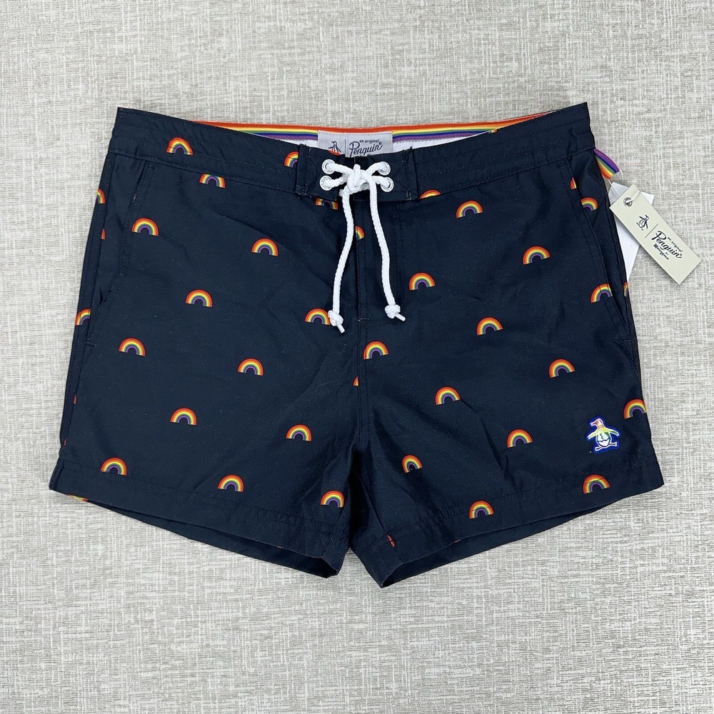 Original Penguin Swim Trunks Shorts Mens 29 Blue Rainbow Print Mesh Brief